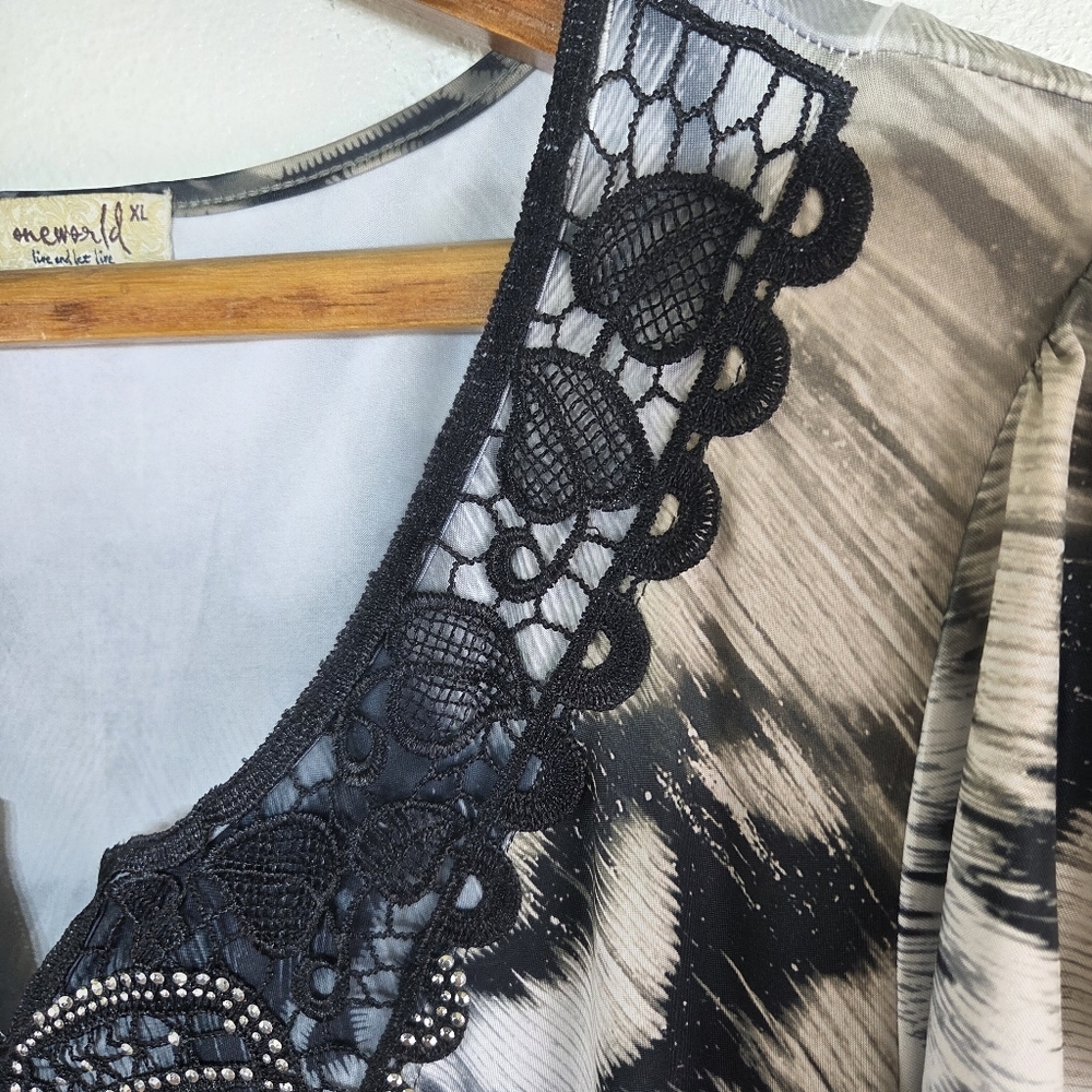 Women's One World Boho Black White Feather Owl Beaded Lace Short Dress Size XL - Picture 8 of 13